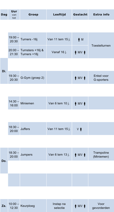 Dag Uur van tot Groep Leeftijd Geslacht Extra info 18:30   20:00 Miniemen Van 6 tem 10 j.  M/V  19:00   20:30 Turners -16j Van 11 tem 15 j.  M 20:00   21:30 Turnsters +16j & Turners +16j Vanaf 16 j.  M/V  18:30   19:30 G-Gym (groep 1)  M/V  Enkel voor G-sporters 19:30   20:30 G-Gym (groep 2)  M/V  Enkel voor G-sporters 13:30   14:30 Kleuters Van 3 tem 5 j.  M/V  14:30   16:00 Miniemen Van 6 tem 10 j.  M/V  16:00   18:00 Keurploeg Instap na  selectie  M/V  Voor gevorderden 18:30   20:00 Juffers Van 11 tem 15 j. V  20:00   21:00 Body-Fit Vanaf 16 j.  M/V  Aerobics,  workouts, enz 18:30   20:00 Jumpers Van 6 tem 13 j.  M/V  Trampoline (Miniemen) 20:00   21:30 Dames  Senoiren (50+) V   20:00   21:30 Springploeg Vanaf 14 j.  M/V  Trampoline Za. 10:00   12:30 Keurploeg Instap na  selectie  M/V  Voor gevorderden Vr. Uurrooster Ma. Toestelturnen Di. Wo. Do.