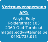 Vertrouwenspersoon API: Weyts Eddy Polderstraat 103 2360 Oud-Turnhout magda.eddy@telenet.be 0493/738.013